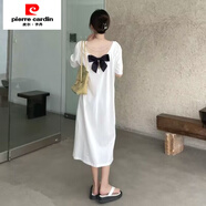 皮爾卡丹（pierre cardin）胖mm大碼露背短袖T恤裙夏季寬松遮肚長(cháng)裙蝴蝶結過(guò)膝連衣裙女 白色 M 70-95斤