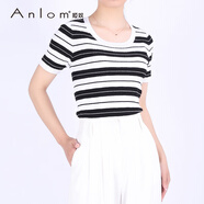 婭奴（A n l o m）Anlom/婭奴春季短袖新款圓領(lǐng)黑白條休閑桑蠶絲針織衫通勤上衣套衫 黑白條 100CM 均碼