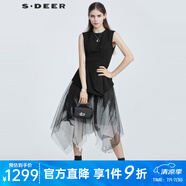 S.DEER夏季圣迪奧女裝圓領(lǐng)印花不規(guī)則假兩件無袖連衣裙S21281211 黑色/91 M 165