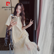 皮爾卡丹漂亮獨特超好看網(wǎng)紗拼接蛋糕連衣裙女夏2025新款甜美淺黃色T恤裙 輕紗奶油 M （105-115斤）