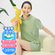 TOPNEW棉混紡橫紋皺布連帽女居家上裝 2023夏休閑短袖衫 綠色 M (165/90)