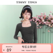糖力【商場同款】春秋季新款長袖方領T恤女短款顯瘦打底衫上衣 灰色 S