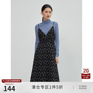 自巧小個(gè)子法式吊帶連衣裙秋冬女新款氣質(zhì)通勤碎花兩jian套裙子 黑底藍(lán)花 L