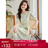 熙世界sllsky綠色碎花連衣裙女2025夏季新款法式氣質(zhì)溫柔風(fēng)雪紡裙子 綠色花2（小V領(lǐng)款） S