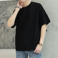 森馬短袖T恤衫男夏季衣服青少年男裝體恤潮流韓版寬松純黑色五分半袖t 黑色_T39寬松純色 S _(160cm_100斤)