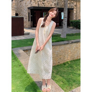 皓娥 法式鏤空蕾絲刺繡無(wú)袖連衣裙女氣質(zhì)海邊度假風(fēng)沙灘吊帶背心裙 【米杏色-含內襯】 M