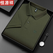 恒源祥高端純棉短袖T恤男士夏季POLO體恤衫絲光棉翻領(lǐng)老虎頭半袖男上衣 軍綠 M 170【建議100-120斤】