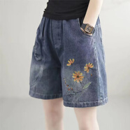 啄木鳥(niǎo)夏季薄款文藝休閑牛仔短褲女大碼寬松顯瘦百搭刺繡哈倫褲五分熱褲 206藍色 3XL _150-165斤
