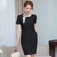 AJLD前臺工作服女連衣裙裝口袋加大碼職業(yè)連衣裙黑色短袖氣質(zhì)包臀裙 黑色(微彈性-布) M