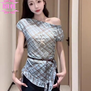 鳳禮辣妹風(fēng)復(fù)古格紋飄帶上衣女2025氣質(zhì)百搭不規(guī)則一字肩顯瘦短袖T恤 格子一字領(lǐng)網(wǎng)紗上衣【贈(zèng)腰帶】  XL 建議120-135斤