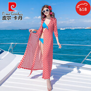 皮爾卡丹（pierre cardin）沙灘裙2025新款女夏季三亞海邊度假長(zhǎng)裙旅游拍照波西米亞連衣裙子 紅底鏈鎖 襯衫領(lǐng) S