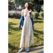 GOCHIEI兩件套裝法式復古海邊度假藍色碎花吊帶連衣裙搭配藏青色針織開(kāi)衫 碎花吊帶裙[單件] S 建議90斤內
