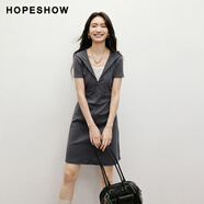紅袖（hopeshow）新品休閑連衣裙夏季新款假兩件拼接連帽領漂亮掐腰裙 灰060 L