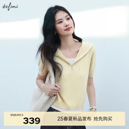 伊芙麗（eifini）伊芙麗設計感拉鏈V領(lǐng)假兩件連帽短袖針織衫上衣女2025夏季新款 黃色 S 80-105斤