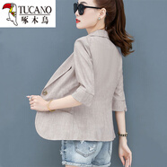 啄木鳥(niǎo)棉麻七分袖小西裝短外套女春夏裝新款洋氣款感休閑西服 灰色 M 建議90-108斤