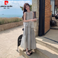 皮爾卡丹（pierre cardin）肌理感不規(guī)則無袖拼接灰色連衣裙女夏2025新款減齡長裙獨特超好看 灰色【版】 XS (建議95斤以內(nèi))