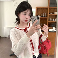 伊琦蕾（YIQILEI）愛心提花蝴蝶結(jié)系帶短款毛衣外套女秋冬甜美氣質(zhì)氣質(zhì)寬松針織開衫 白色 M