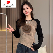 皮爾卡丹（pierre cardin）小心機開(kāi)叉長(cháng)袖t恤早秋新款時(shí)尚百搭減齡扎染植絨設計感別致上衣 黑色 植絨撞色拼接上衣 S 建議90斤以?xún)?
                                         title=