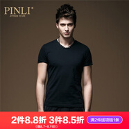 PINLI品立純色T恤男短袖夏季新款時(shí)尚修身V領(lǐng)打底衫潮T002 黑色 M 170（建議咨詢客服尺碼后下單）