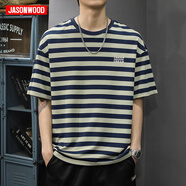 JASONWOOD短袖T恤男夏季寬松簡(jiǎn)約透氣百搭衣服新款休閑潮流條紋圓領(lǐng)上衣 613藍(lán)綠色 M