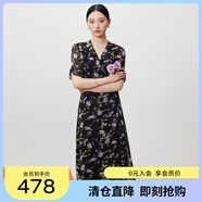 敦奴（DUNNU）dunnu敦奴2024夏季新款茶歇裙法式V領(lǐng)雪紡印花連衣裙女 正黑色 3XL