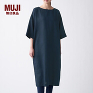 無印良品 MUJI 女式 法國亞麻水洗 七分袖連衣裙 412688 BCL06C1S 深藏青色 XL