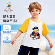 Classic Teddy兒童短袖男童T恤女童上衣夏季新款童裝寶寶衣服半袖夏裝1 棒球帽子熊同色插肩杏黃 110