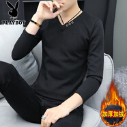 花花公子（PLAYBOY）男士長袖t恤2025春秋季新款薄款打底衫潮流純色體恤男裝秋衣上衣 818黑色（加絨） 加厚 M