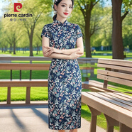 皮爾卡丹（PIERRE CARDIN）夏季短袖旗袍女2025新款復(fù)古優(yōu)雅中國風碎花顯瘦新中式改良連衣裙 藍色碎花旗袍062 M 【建議100斤內(nèi)】
