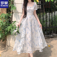 羅蒙（ROMON）大碼法式溫柔仙女碎花方領(lǐng)連衣裙女夏季胖m妹收腰顯瘦氣質(zhì)優(yōu)雅 藍色 L 100-120斤