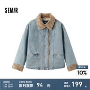 森馬（Semir）牛仔棉服女拼接毛領(lǐng)美式復(fù)古2024冬寬松毛邊夾克街頭潮流 牛仔淺中藍(lán)88601 S 155/80A