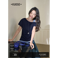 闊色（kuose）灰色假兩件斜肩短袖T恤女2025春夏季新款粉色運(yùn)動(dòng)風(fēng)顯瘦上衣 深藍(lán)色 L