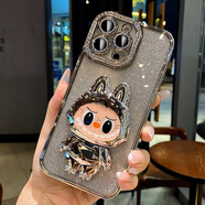 鑒百伊 適用蘋果16promax手機殼新款iPhone15拉布布可愛鏡子支架14pro全包鏡頭13高級感12奢華水鉆防摔 【銀色】水鉆邊框*拉布布鏡子支架 iPhone 16 Plus
