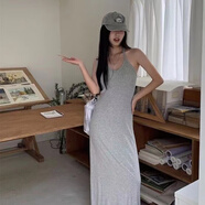 覓靚裳吊帶連衣裙女夏季無袖背心裙子夏天長裙紅人館掛脖女新款垂墜感氣 灰色 L 建議105-115斤