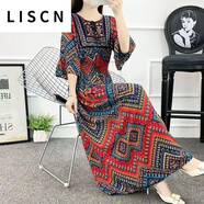 LISCN新款波西米亞新疆民族風(fēng)繡花流蘇高腰連衣裙遮肚子旅游長(cháng)裙顯瘦 方塊紅色 XL 110-125