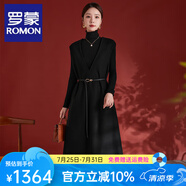 羅蒙（ROMON）品牌連衣裙秋冬新款輕奢100%綿羊毛V領(lǐng)寬松無袖黑色配腰帶中長裙 黑色 L (115-125斤)
