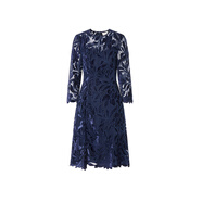 MOISELLE【秋冬臻選】女士新款秋冬季金絲絨刺繡蕾絲修身連衣裙 深藍色 36/S 均碼