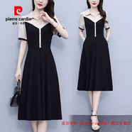 皮爾卡丹（pierre cardin）條紋襯衫連衣裙女夏裝大碼時尚假兩件氣質(zhì)遮肚收腰顯瘦中長款裙子 黑色 L 建議90-105斤