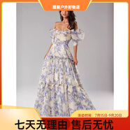 提恩（TIEN）歐美跨境新款露肩歐美女裝時(shí)尚歐根紗仙氣長(cháng)款氣質(zhì)晚禮服連衣裙 藍色 S