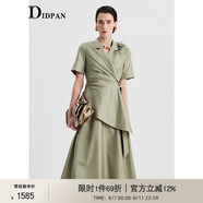 IDPAN通勤西裝連衣裙女夏季2025新款圍裹式假兩件設(shè)計(jì)精致荷葉邊裙子 軍綠 S