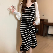睿澈配吊帶裙的小外搭遮肉顯瘦長(cháng)袖大碼女裝初春微胖mm減齡感針織開(kāi)衫 白色外搭+黑條紋裙今年流行/超洋 M 【建議80-100斤】