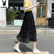 花花公子（PLAYBOY）黑色半身裙2025夏季百搭褶皺雪紡不規則紗裙中長(cháng)款純色A字百褶裙 黑色 9490#黑色 S 建議85-99斤