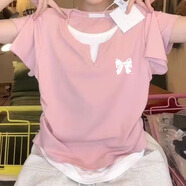 芭芙達妮新款小眾特色短袖假兩件夏季T恤女正肩修身顯瘦拼接撞色短款上衣 粉色-蝴蝶結 L 建議105-120斤