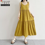 啄木鳥(niǎo)長(cháng)款棉綢連衣裙女薄碎花大裙擺吊帶裙時(shí)尚度假風(fēng)人造棉外穿裙寬松 姜黃色 黑色小波點(diǎn) 2XL 90-125斤