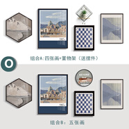 詠幻客廳裝飾畫沙發(fā)背景墻背后掛畫個性風景組合壁畫 -古堡藝術(shù) 摩登黑（拉絲鋁合金外框晶瓷玻璃） 小套：整體約180x70cm適合1.8-2.5米墻 組合A：4張畫置物架（送擺件）