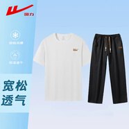 回力短袖套裝男夏季圓領(lǐng)純棉短袖男透氣t恤男運(yùn)動(dòng)休閑兩件套白+黑XL