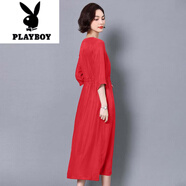 花花公子（PLAYBOY）v領(lǐng)重磅真銅氨絲夏季媽媽裝收腰連衣裙過(guò)膝七分袖短袖大擺長(zhǎng)裙 大紅色-七分袖 M