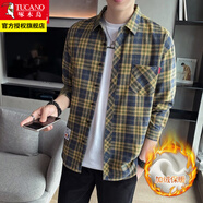 啄木鳥格子襯衫男士裝春秋季款外套休閑長(zhǎng)袖襯衣外穿衣服 2111藍(lán)黃加絨 M