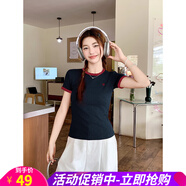 歐貝汐撞色圓領(lǐng)刺繡短袖T恤女2025夏季新款修身減齡正肩短款上衣 藏青色 S