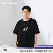 SuaMoment抓痕基礎字母短袖純色簡約潮流寬松百搭T恤情侶同款體恤 黑色 XL